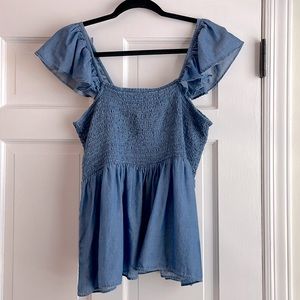 Flutter sleeve smocked chambray tank